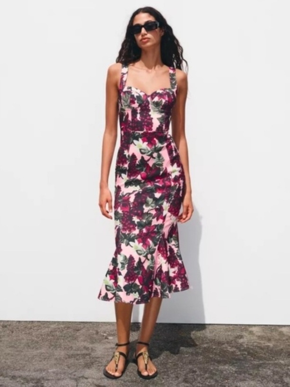 Zara Godet Pink & Purple Floral Midi Dress